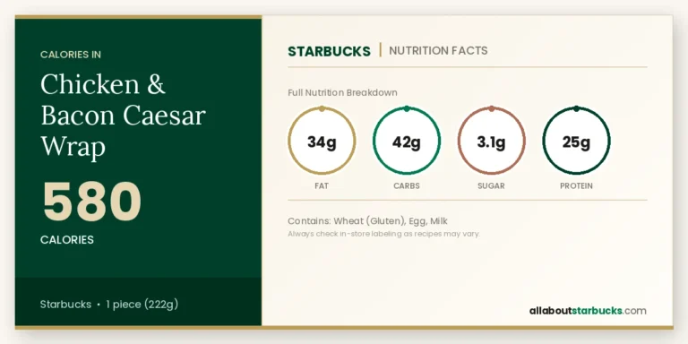Starbucks chicken & bacon caesar wrap nutrition facts  calories, fat, carbs, sugar, and protein
