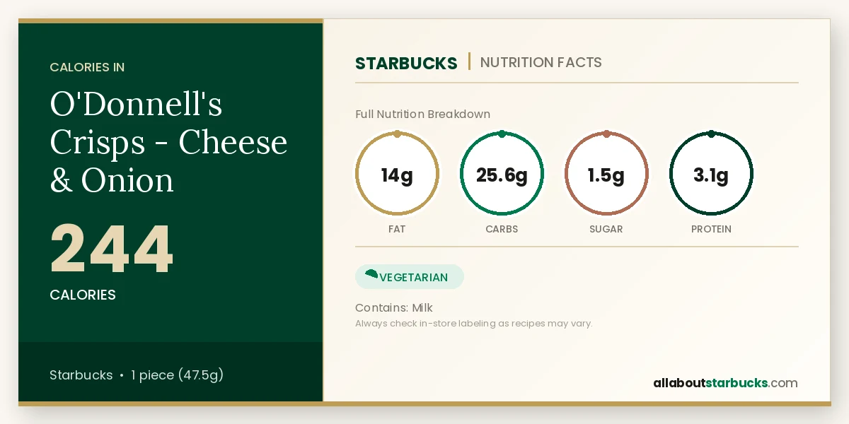 Starbucks O'Donnell's Crisps - Cheese & Onion nutrition facts - calories, fat, carbs, sugar, and protein